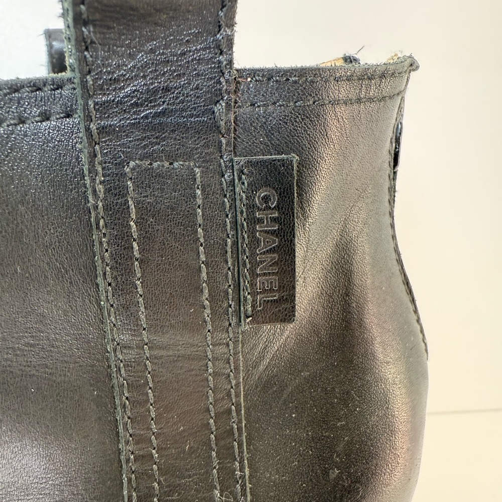 Pre Owned CHANEL Black Leather Peep-Toe Wedges - Picture 3 of 8